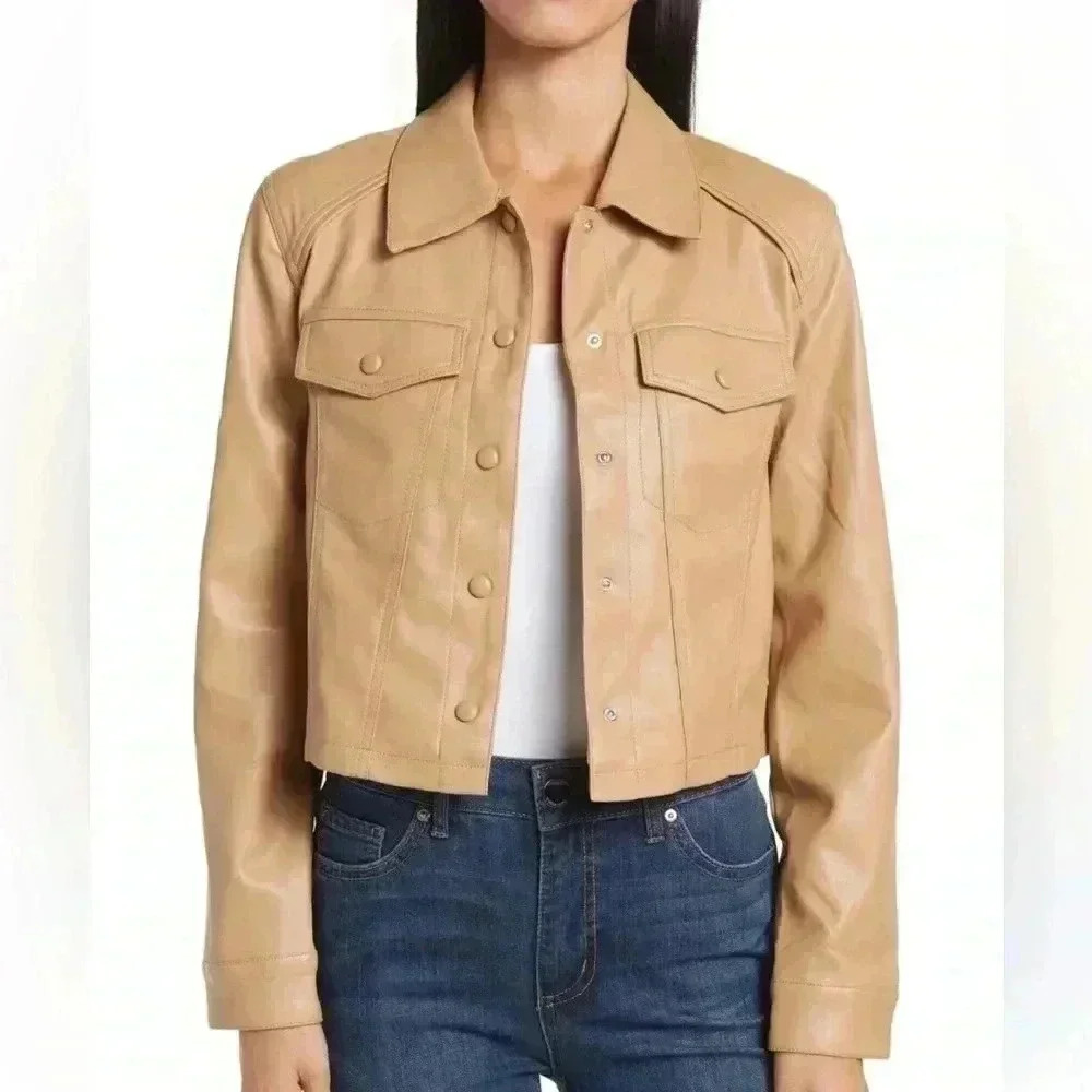 BLANKNYC‎ Faux Leather Crop Trucker Jacket Light Brown Large NWT